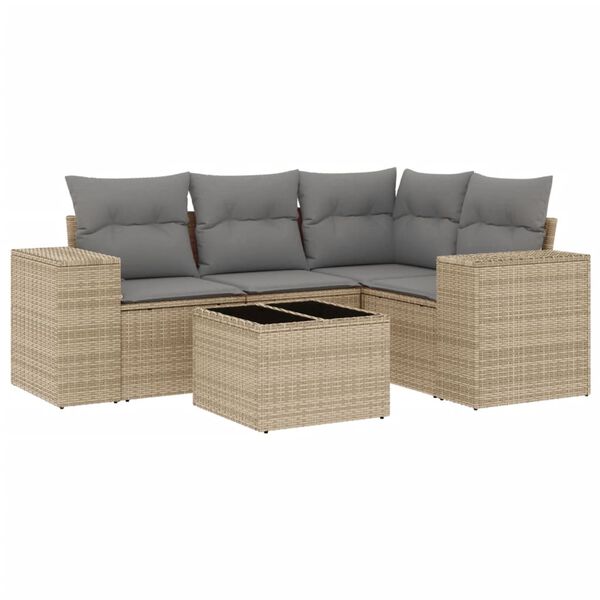 vidaXL 5-tlg. Garten-Sofagarnitur mit Kissen Beige Poly Rattan