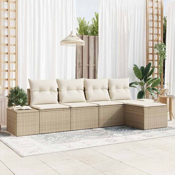 vidaXL Garten-Sofa-Set mit Kissen 5 pcs Beige und Creme Poly-Rattan