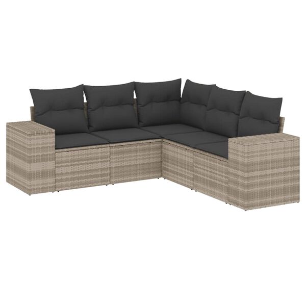 vidaXL 5-tlg. Garten-Sofagarnitur mit Kissen Hellgrau Poly Rattan