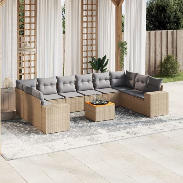 vidaXL 11-tlg. Garten-Sofagarnitur mit Kissen Beige Poly Rattan
