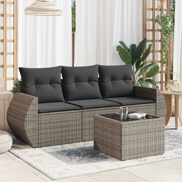 vidaXL 4-tlg. Garten-Sofagarnitur mit Kissen Grau Poly Rattan