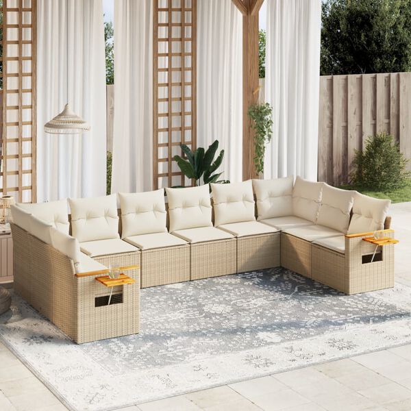 vidaXL 10-tlg. Garten-Sofagarnitur mit Kissen Beige Poly Rattan