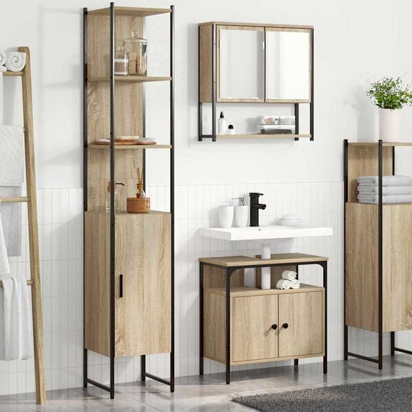 vidaXL Badezimmerm&ouml;bel-Set mit Regal 3 pcs Sonoma-Eiche Holzwerkstoff