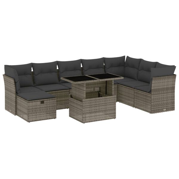 vidaXL 9-tlg. Garten-Sofagarnitur mit Kissen Grau Poly Rattan