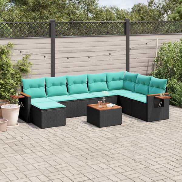 vidaXL 9-tlg. Garten-Sofagarnitur mit Kissen Schwarz Poly Rattan