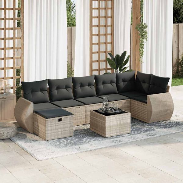 vidaXL 7-tlg. Garten-Sofagarnitur mit Kissen Hellgrau Poly Rattan