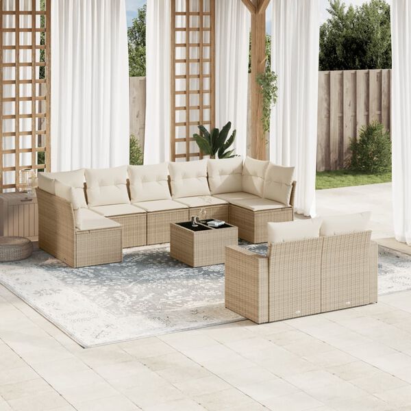 vidaXL 10-tlg. Garten-Sofagarnitur mit Kissen Beige Poly Rattan