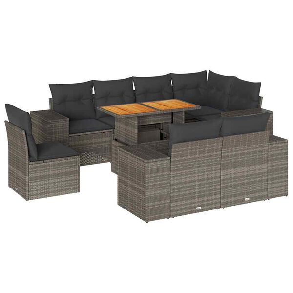 vidaXL 9-tlg. Garten-Sofagarnitur mit Kissen Grau Poly Rattan