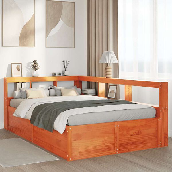 vidaXL Massivholzbett mit Regal ohne Matratze Wachsbraun 140x190 cm