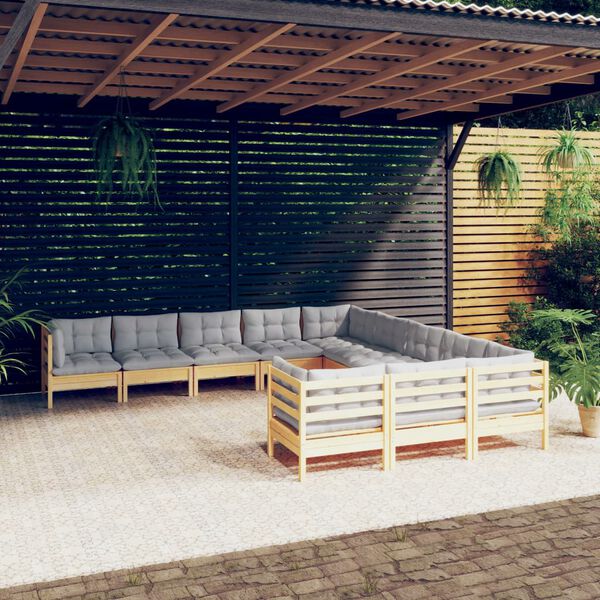 vidaXL 11-tlg. Garten-Lounge-Set mit Grauen Kissen Kiefernholz
