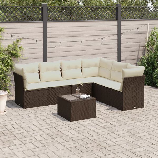 vidaXL 7-tlg. Garten-Sofagarnitur mit Kissen Braun Poly Rattan