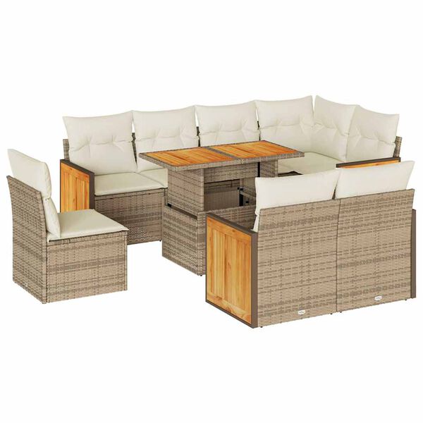 vidaXL 9-tlg. Garten-Sofagarnitur mit Kissen Beige Poly Rattan Akazie