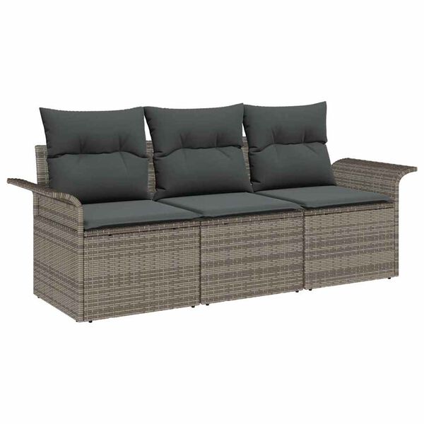 vidaXL Sofa Set mit Kissen 3 pcs Grau Poly-Rattan
