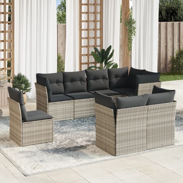 vidaXL 8-tlg. Garten-Sofagarnitur mit Kissen Hellgrau Poly Rattan