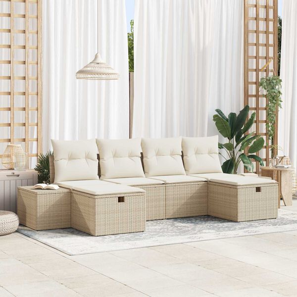 vidaXL Gartensofa-set mit Kissen mit Speicher 6 pcs Beige Poly-Rattan