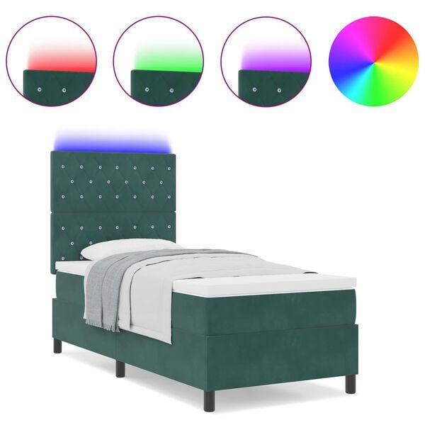 vidaXL LED Boxspringbett mit Matratze Dunkelgr&uuml;n 90 x 190 cm Stoff