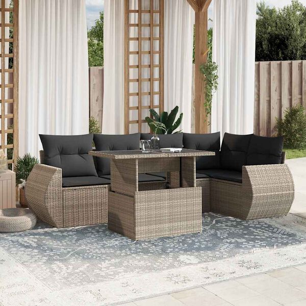 vidaXL 7-tlg. Garten-Sofagarnitur mit Kissen Hellgrau Poly Rattan