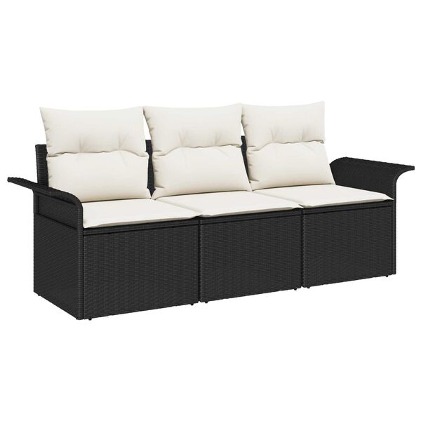 vidaXL Garten-Sofa-Set mit Kissen 3 pcs Schwarz Poly Rattan