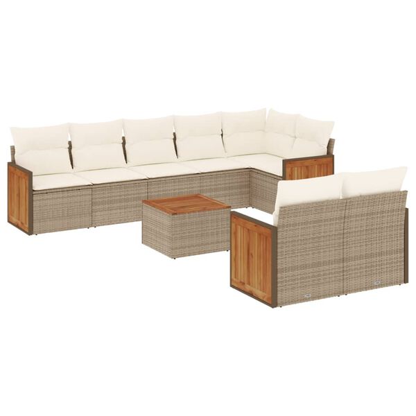 vidaXL 9-tlg. Garten-Sofagarnitur mit Kissen Beige Poly Rattan
