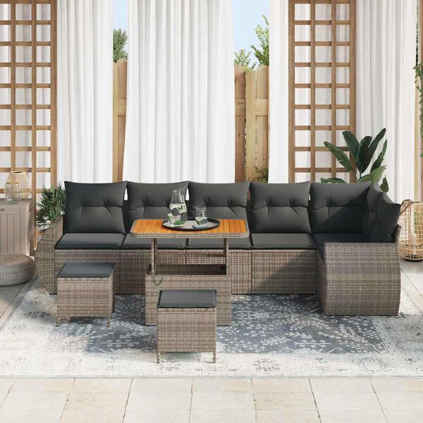 vidaXL Gartensofa-set mit Kissen mit Speicher 9 pcs Grau Poly Rattan