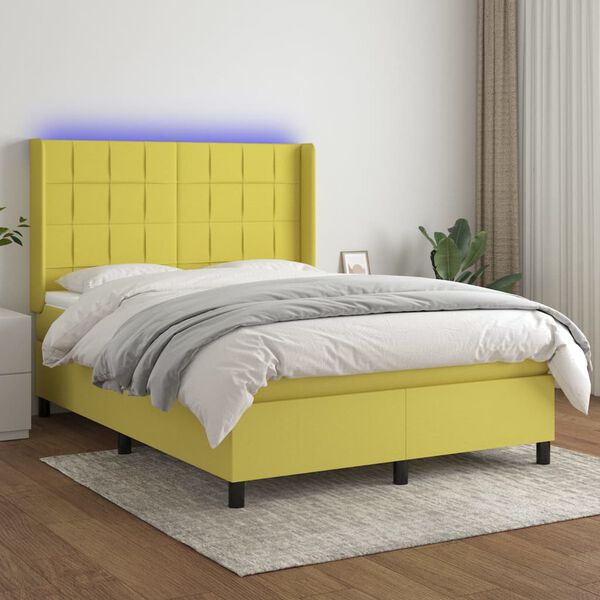 vidaXL Boxspringbett mit Matratze & LED Gr&uuml;n 140x190 cm Stoff
