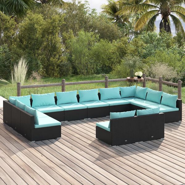 vidaXL 12-tlg. Garten-Lounge-Set mit Kissen Schwarz Poly Rattan