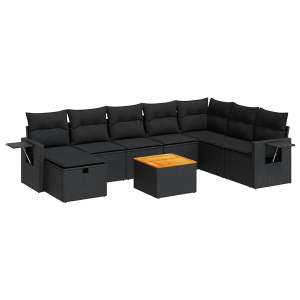 vidaXL 9-tlg. Garten-Sofagarnitur mit Kissen Schwarz Poly Rattan