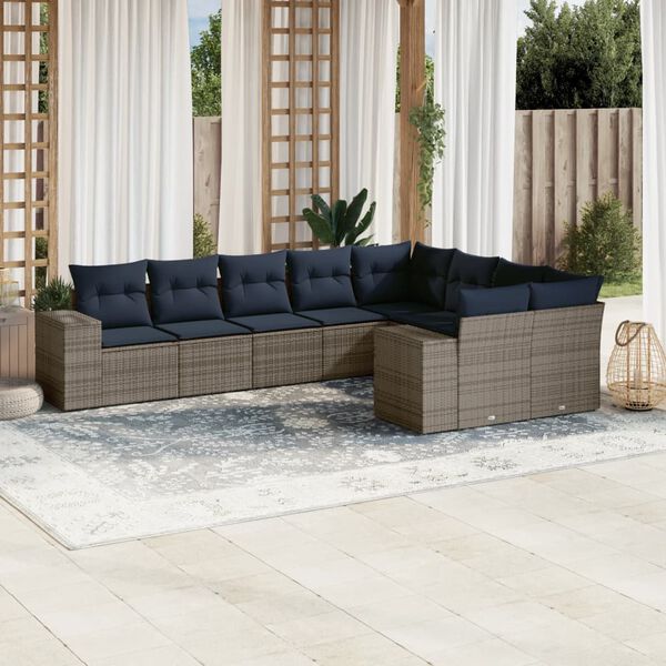 vidaXL 9-teiliges Gartensofa-Set mit Kissen, grau, Polyrattan