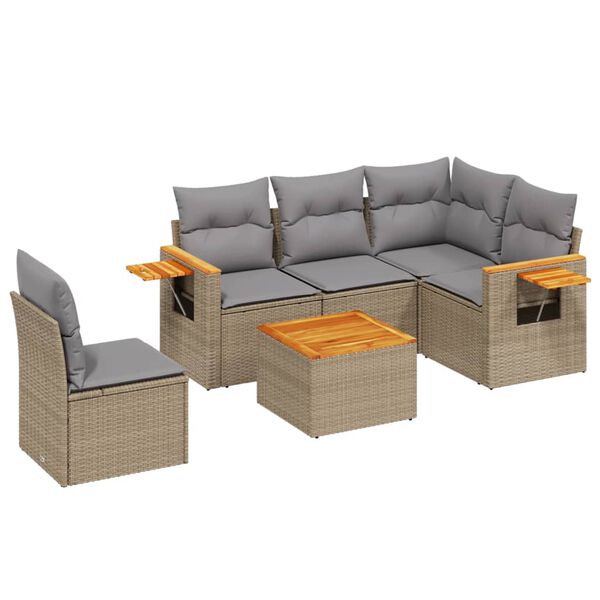vidaXL 6-tlg. Garten-Sofagarnitur mit Kissen Beige Poly Rattan