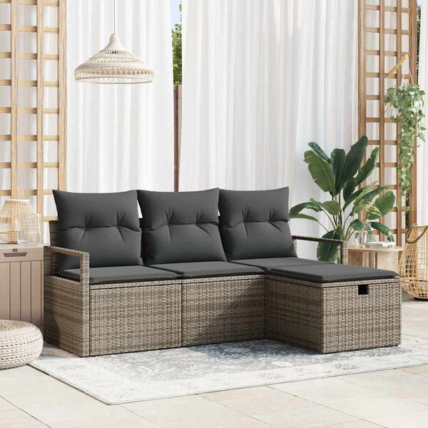vidaXL Sofa Set mit Kissen mit Speicher 4 pcs Grau Poly-Rattan