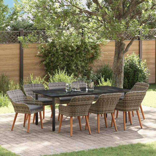 vidaXL Garten Essgruppe mit Kissen 9 pcs Grau Poly-Rattan