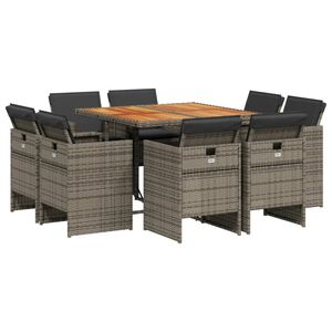 vidaXL 9-tlg. Garten-Essgruppe mit Kissen Grau Poly Rattan