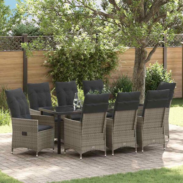 vidaXL Garten Essgruppe mit Kissen 9 pcs Grau Poly-Rattan