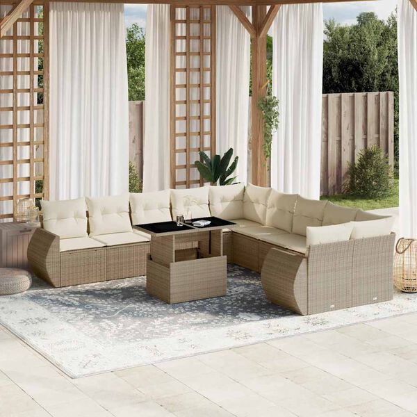 vidaXL 11-tlg. Garten-Sofagarnitur mit Kissen Beige Poly Rattan