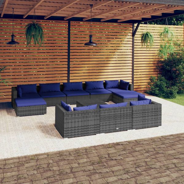 vidaXL 11-tlg. Garten-Lounge-Set mit Kissen Grau Poly Rattan