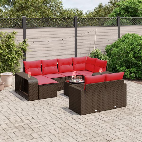 vidaXL 11-tlg. Garten-Sofagarnitur mit Kissen Braun Poly Rattan