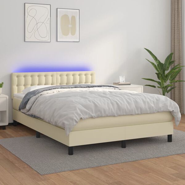 vidaXL Boxspringbett mit Matratze & LED Creme 140x190 cm Kunstleder