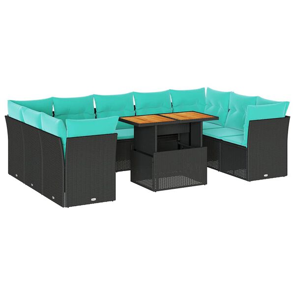 vidaXL 10-tlg. Garten-Sofagarnitur mit Kissen Schwarz Poly Rattan