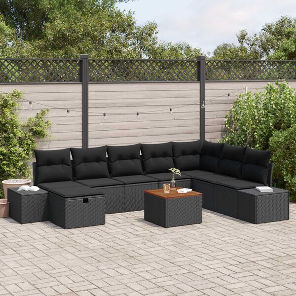 vidaXL Garten-Sofa-Set mit Kissen 9 pcs Schwarz Poly Rattan