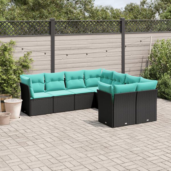 vidaXL 8-tlg. Garten-Sofagarnitur mit Kissen Schwarz Poly Rattan