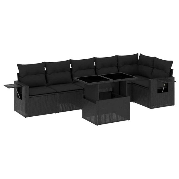 vidaXL 7-tlg. Garten-Sofagarnitur mit Kissen Schwarz Poly Rattan