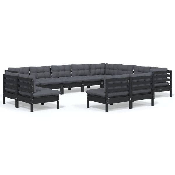 vidaXL 12-tlg. Garten-Lounge-Set mit Kissen Schwarz Massivholz Kiefer