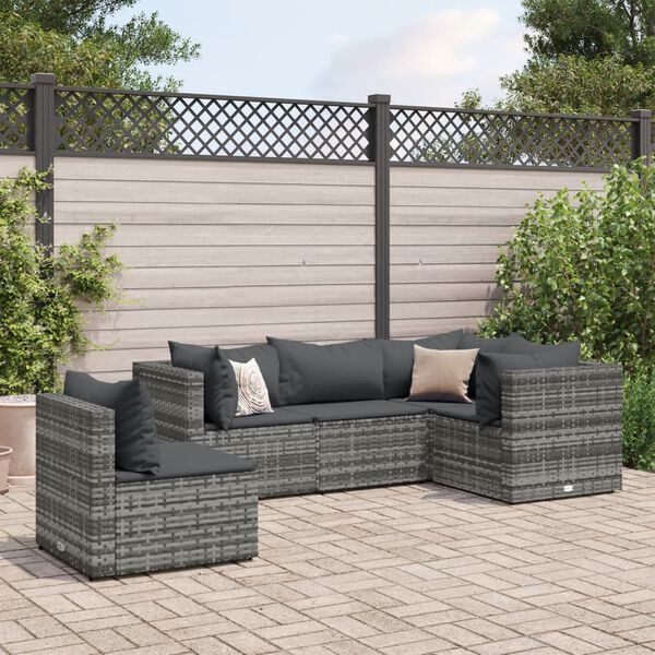 vidaXL 5-tlg. Garten-Lounge-Set mit Kissen Grau Poly Rattan