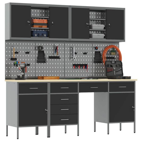 vidaXL Werkbank mit Speicher 10 pcs Schwarz Ingenieure Holz und Stahl