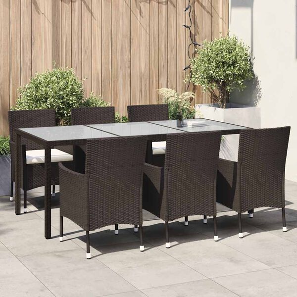 vidaXL 7-tlg. Garten-Essgruppe mit Auflagen Poly Rattan Braun