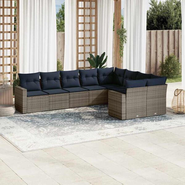 vidaXL 9-tlg. Garten-Sofagarnitur mit Kissen Grau Poly Rattan