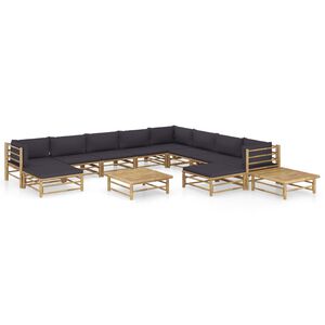 vidaXL 12-tlg. Garten-Lounge-Set mit Dunkelgrauen Kissen Bambus