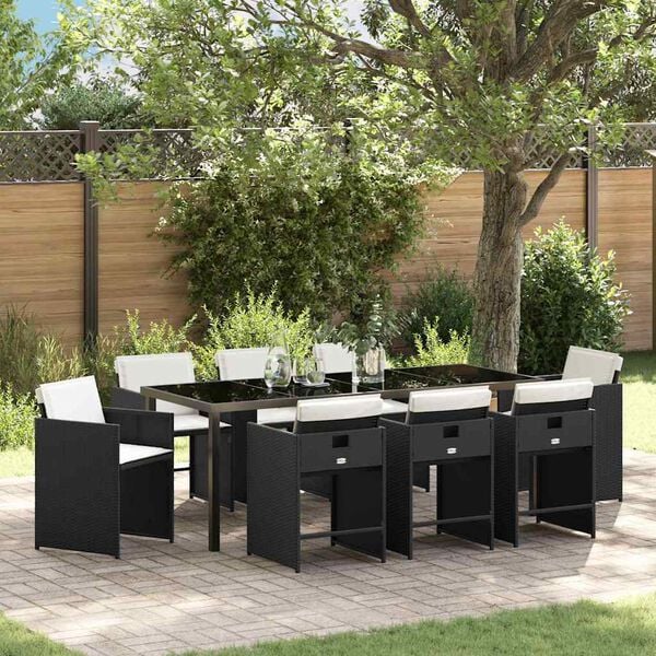 vidaXL Garten Essgruppe mit Kissen 9 pcs Schwarz Poly-Rattan
