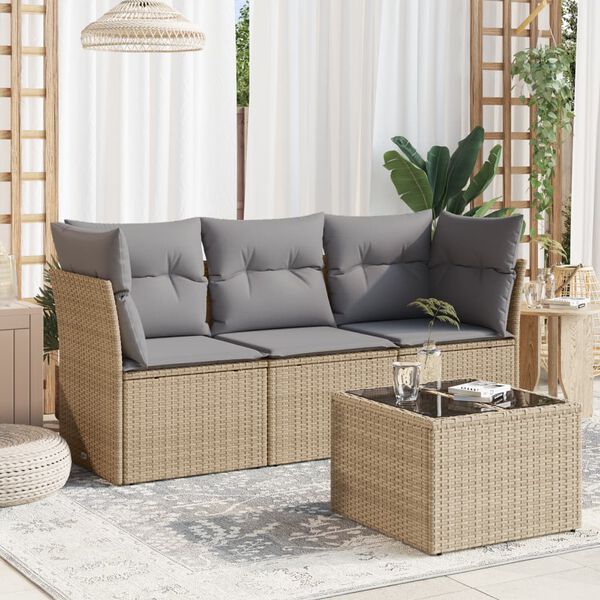 vidaXL 4-tlg. Garten-Sofagarnitur mit Kissen Beige Poly Rattan