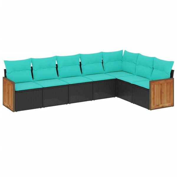 vidaXL 7-teiliges Gartensofa-Set mit Kissen, schwarzes Polyrattan